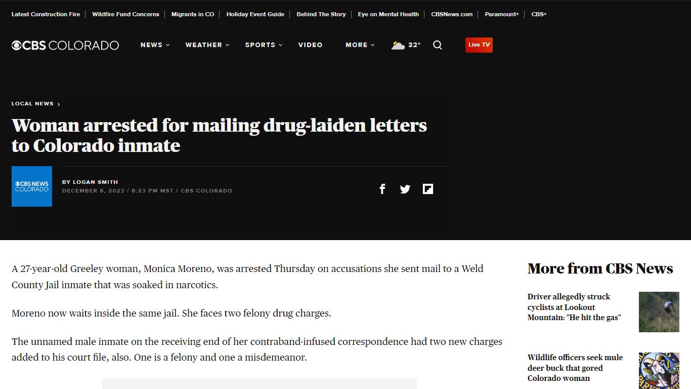 Woman arrested for mailing drug-laiden letters to Colorado inmate